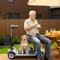 Äldre man sitter på SEEDREAM S-02 permobil med en hund