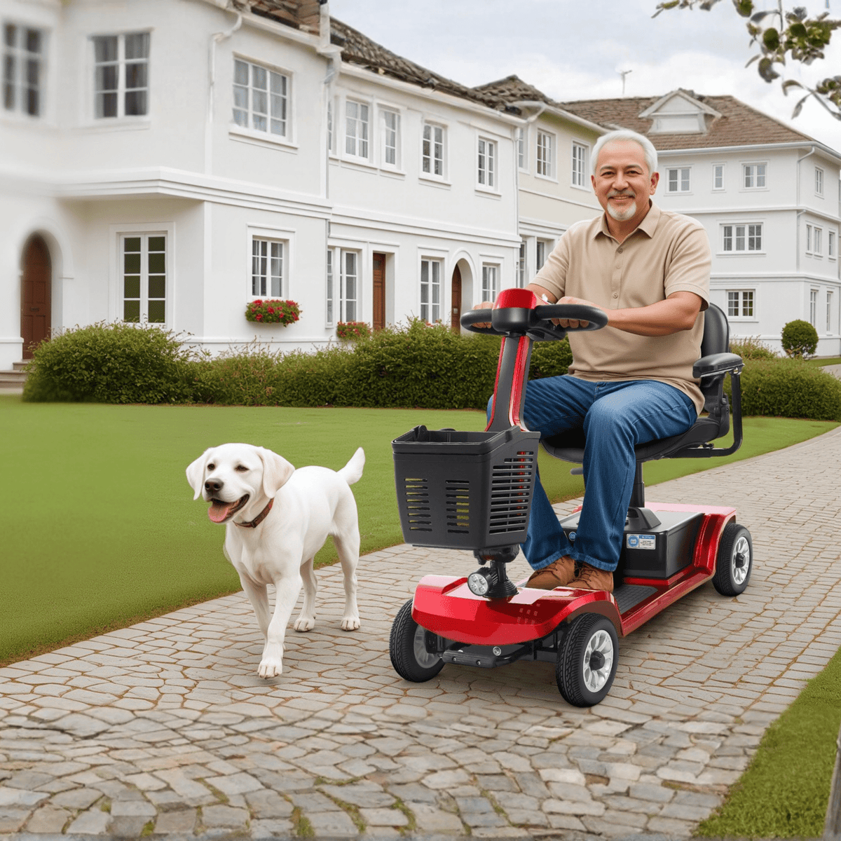 Äldre man sitter på SEEDREAM S-02 permobil med en hund