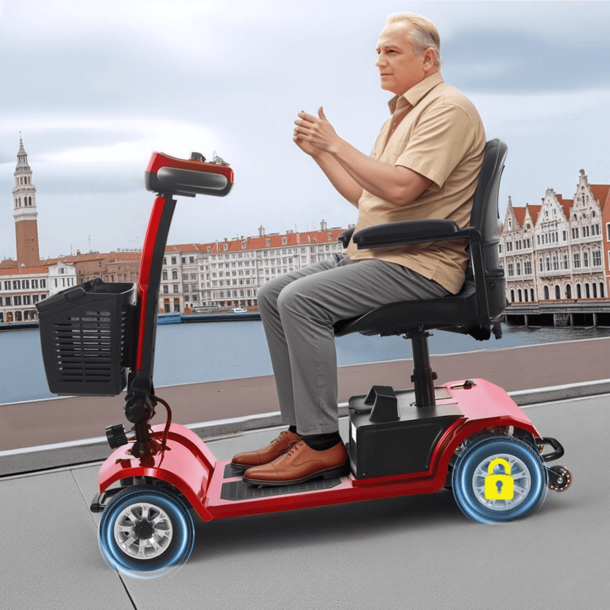 Äldre man sitter på SEEDREAM S-02 permobil i stadsmiljö