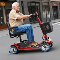 Äldre man sitter på SEEDREAM S-02 permobil i stadsmiljö