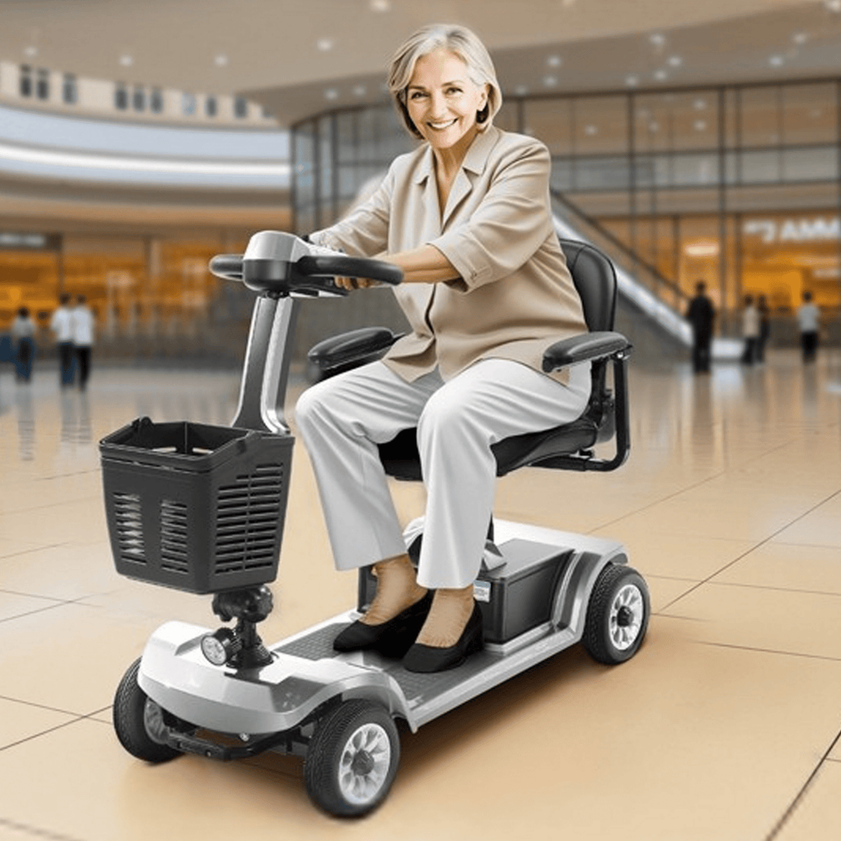 Äldre kvinna sitter på SEEDREAM S-02 permobil i ett köpcentrum