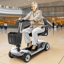Äldre kvinna sitter på SEEDREAM S-02 permobil i ett köpcentrum