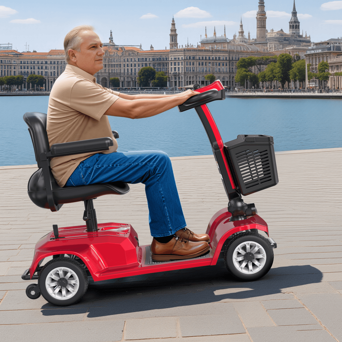 Äldre man sitter på SEEDREAM X-02 permobil i stadsmiljö