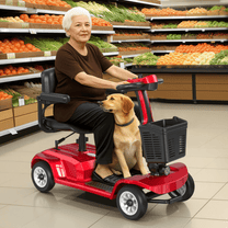 Äldre kvinna sitter på SEEDREAM X-02 permobil med en hund