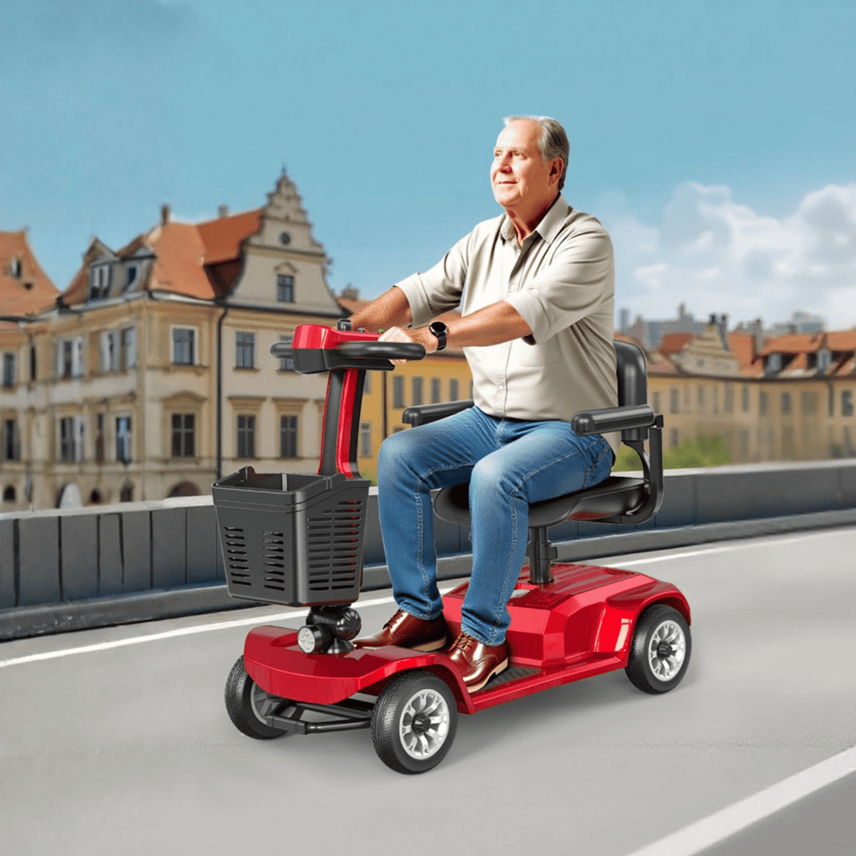 Äldre man sitter på SEEDREAM X-02 permobil i stadsmiljö