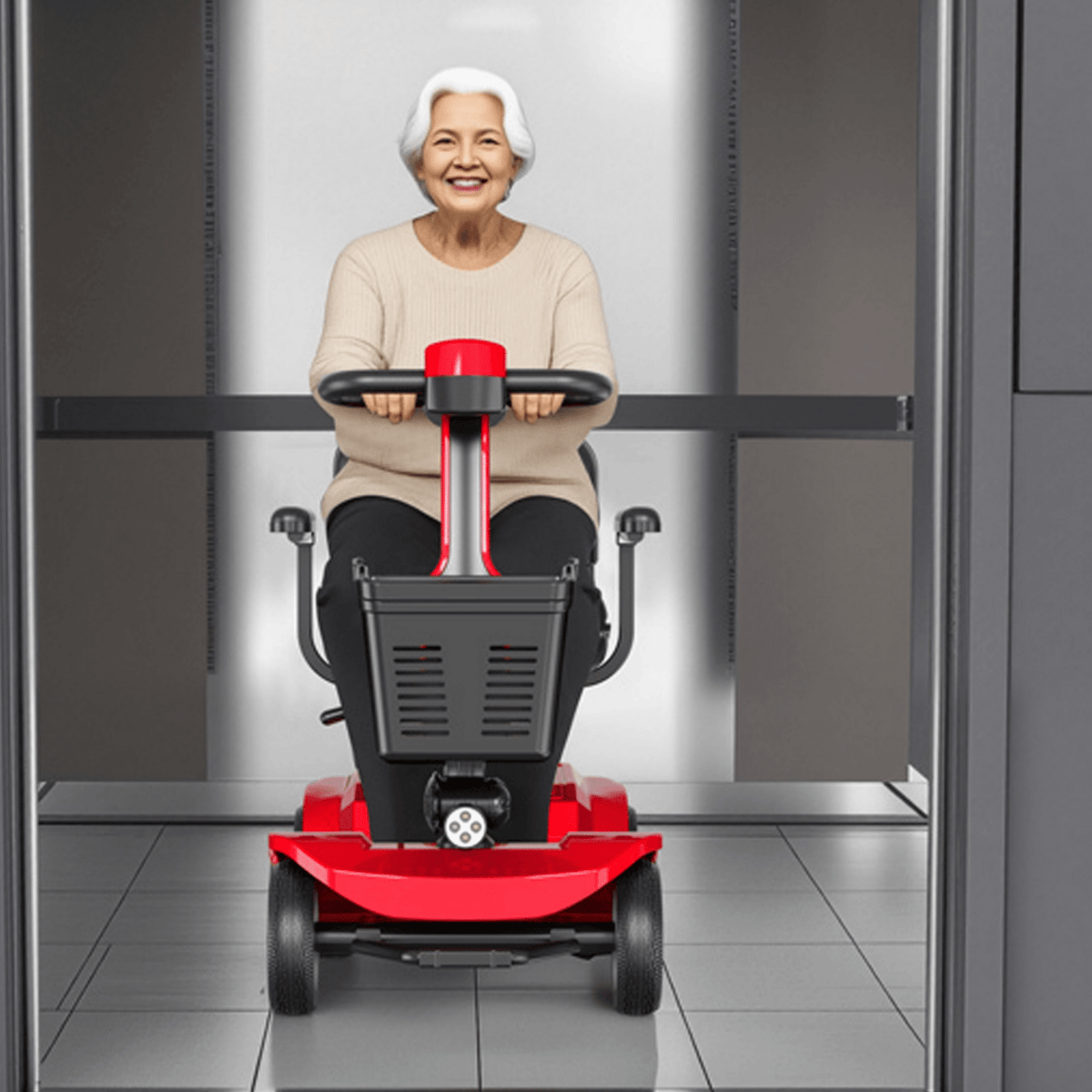 Äldre kvinna sitter på SEEDREAM X-02 permobil inomhus