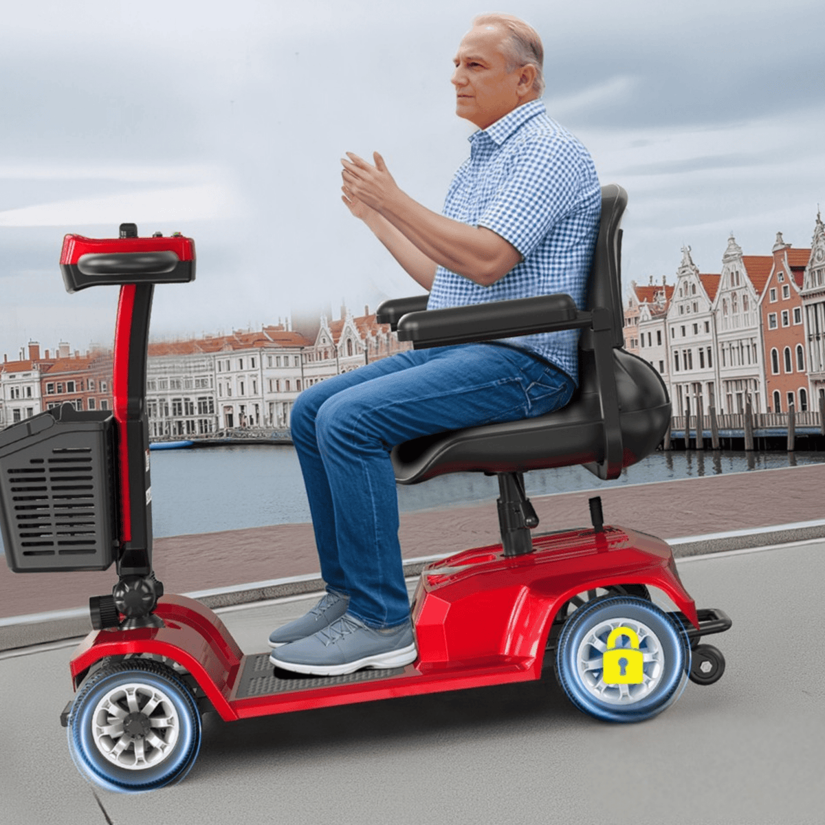 Äldre man sitter på SEEDREAM X-02 permobil i stadsmiljö