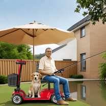 Äldre man sitter på SEEDREAM X-02 permobil med en hund