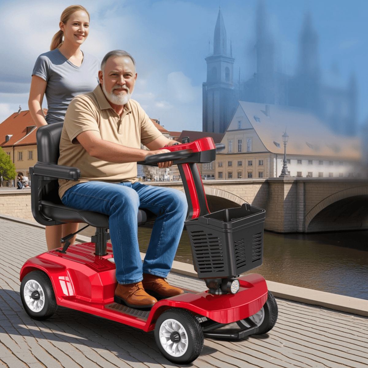 Äldre man sitter på SEEDREAM X-02 permobil i stadsmiljö
