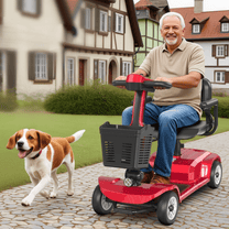 Äldre man sitter på SEEDREAM X-02 permobil med en hund