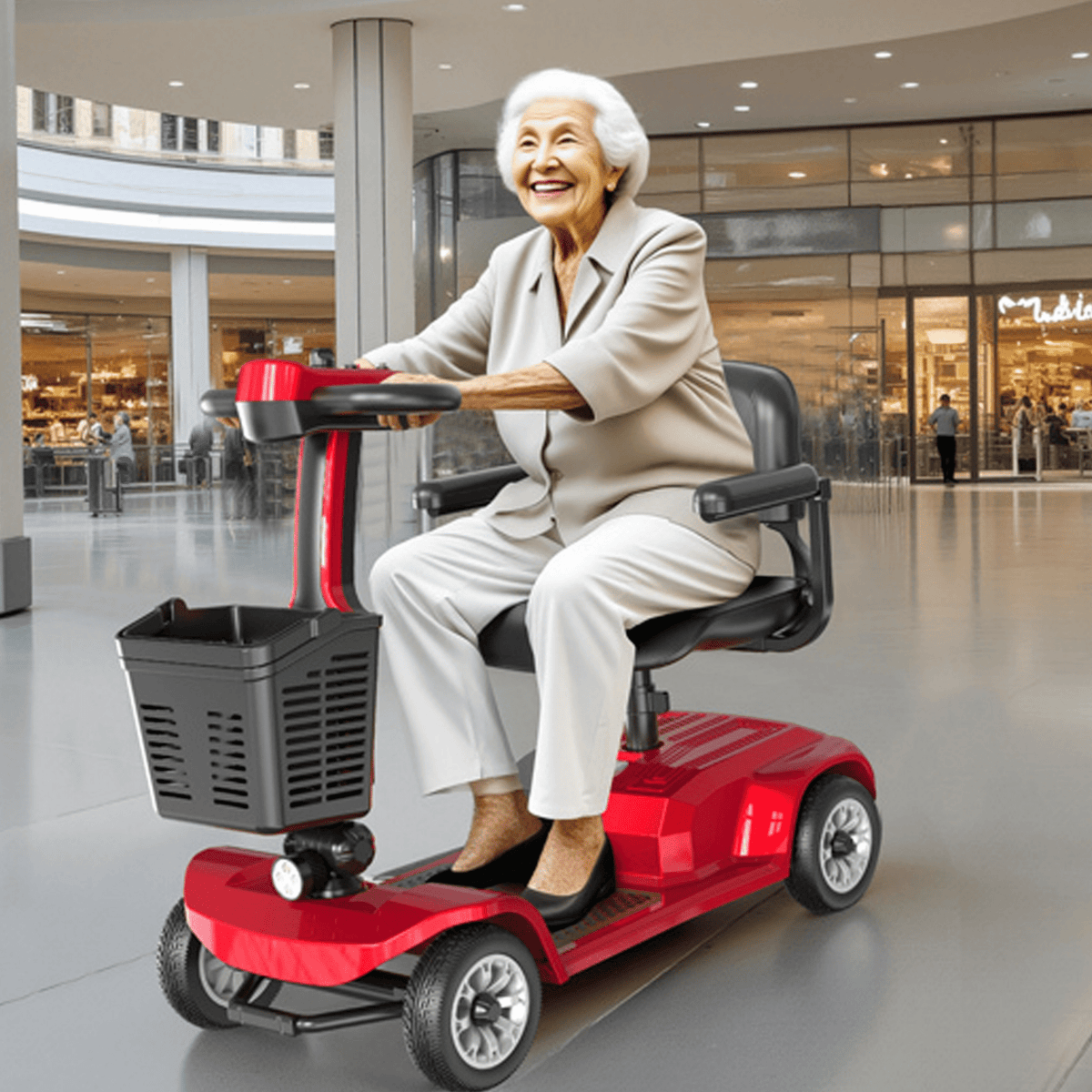 Äldre kvinna sitter på SEEDREAM X-02 permobil i ett köpcentrum