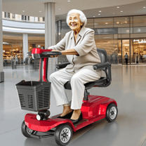 Äldre kvinna sitter på SEEDREAM X-02 permobil i ett köpcentrum