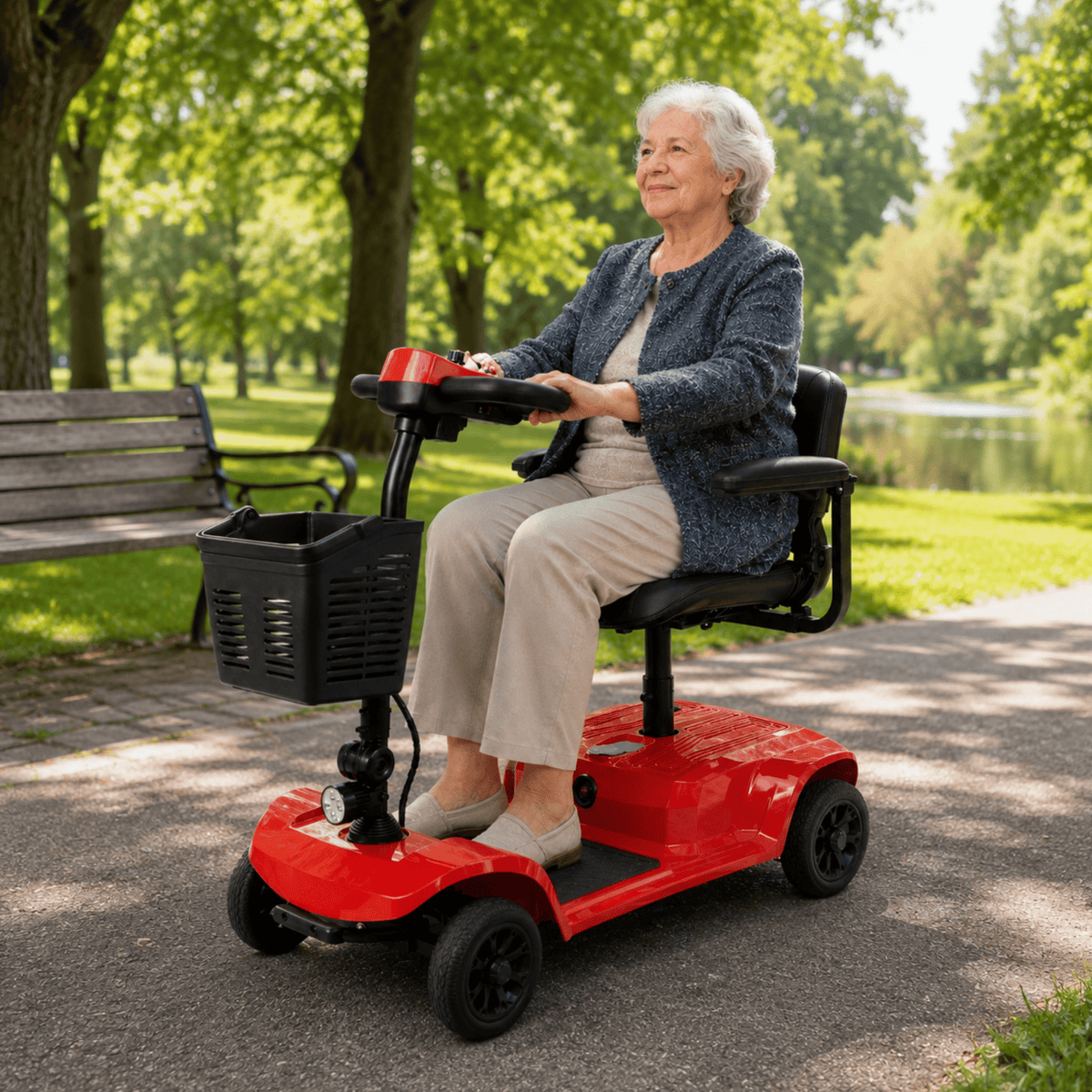 Äldre kvinna sitter på SEEDREAM X-02B Lucas permobil i en park