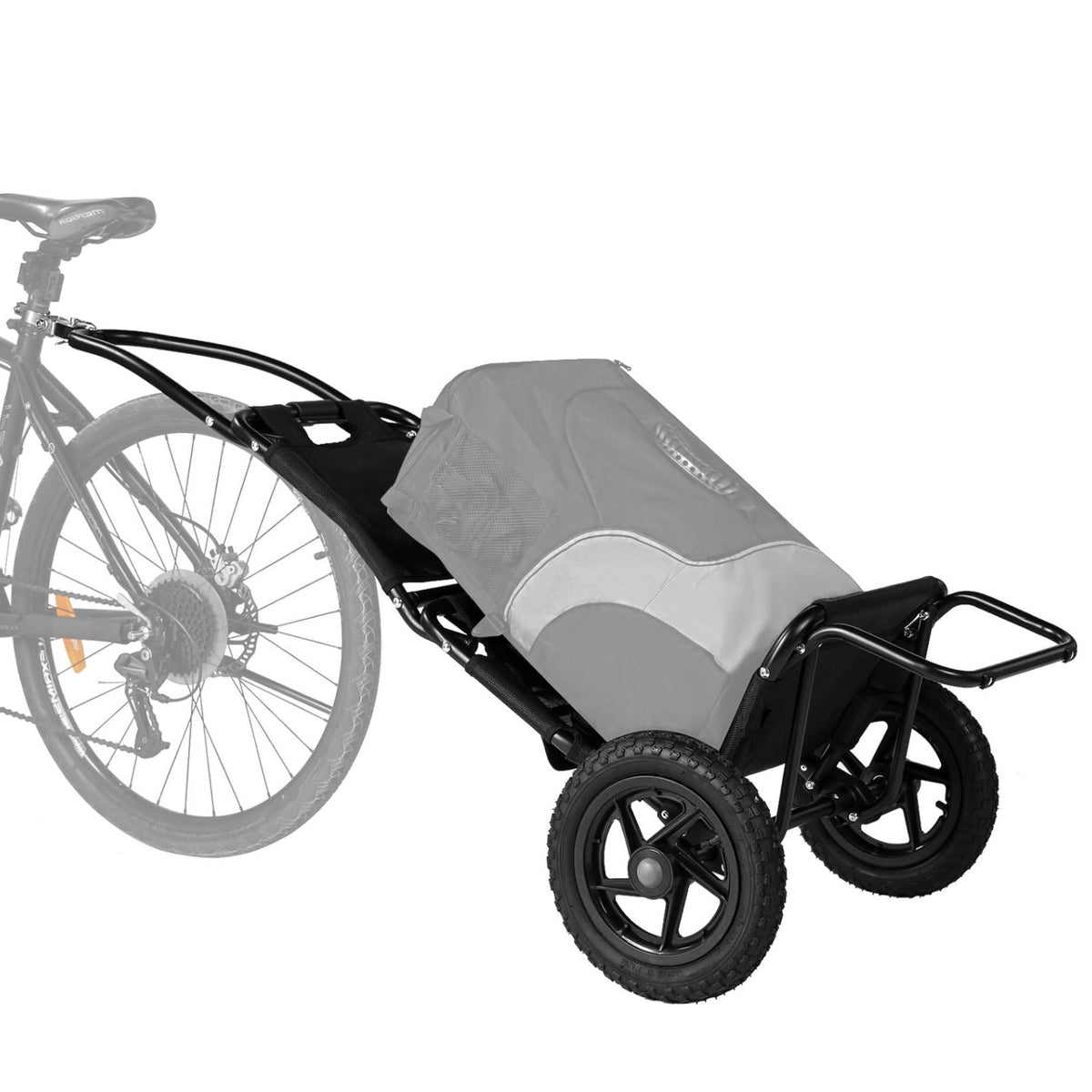 Smart dragvagn för cykel i svart sedd från sidan kopplad till en cykel