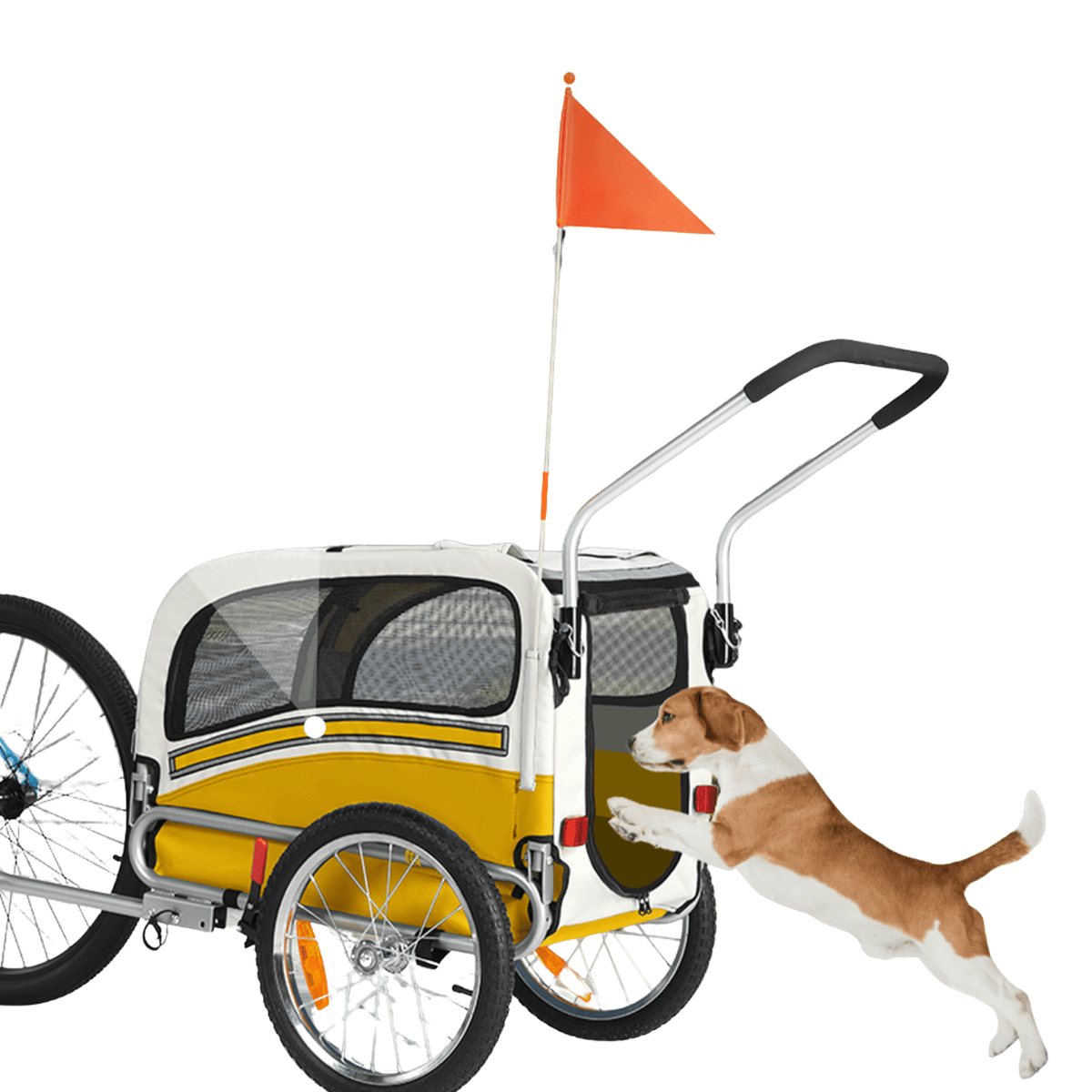Hund hoppar in i Smart 20303B cykelvagn för husdjur i gult