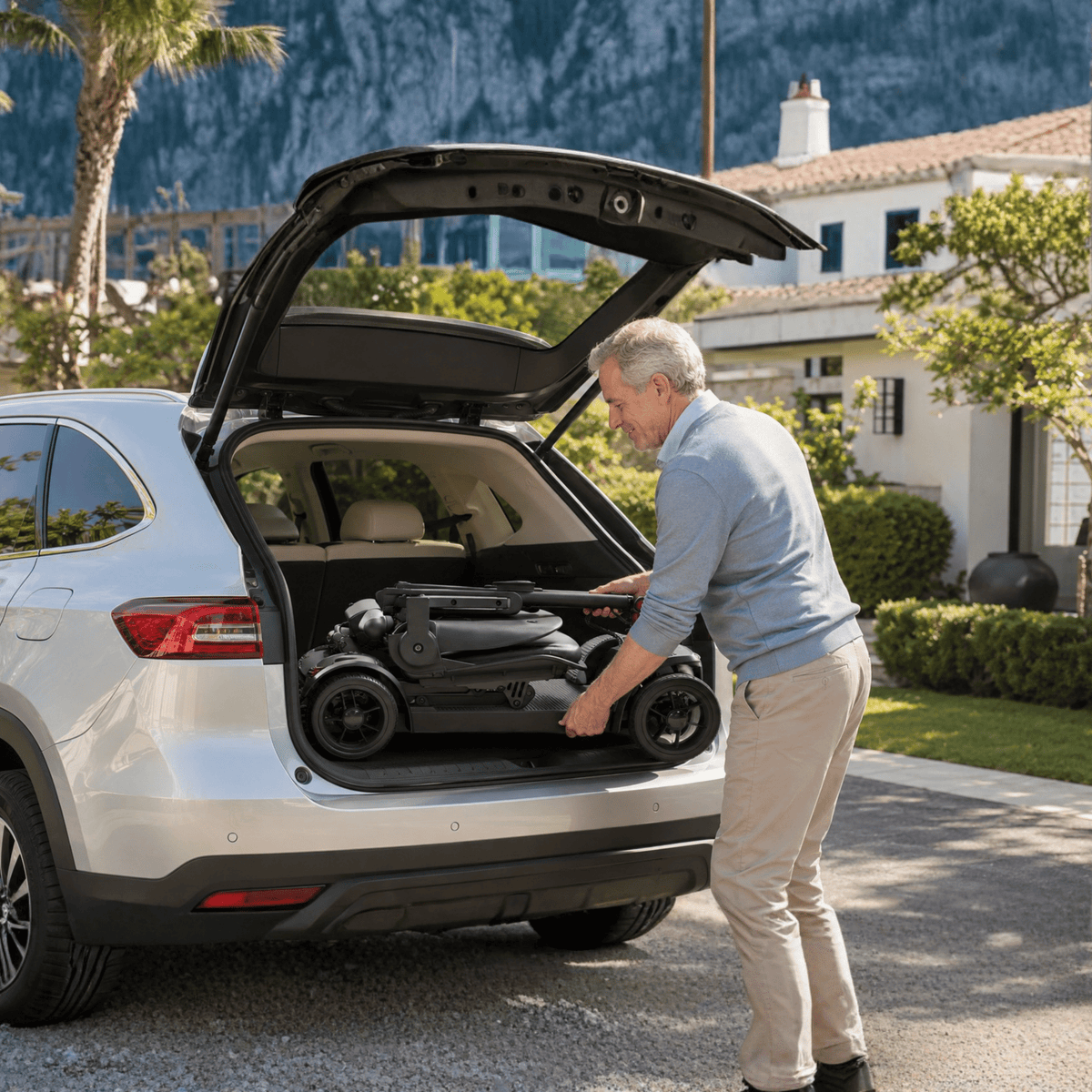 Hopfälld Sweetrich Air Traveller permobil i bilens bagageutrymme