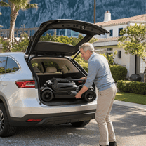 Hopfälld Sweetrich Air Traveller permobil i bilens bagageutrymme