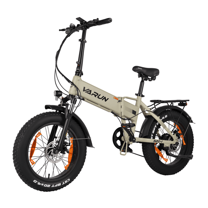 VARUN S20-1 hopfällbar fatbike-elcykel snett framifrån i färgen beige