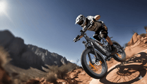 Förare gör ett hopp med VARUN S26-1 fatbike-elcykel med hjälm på en stig