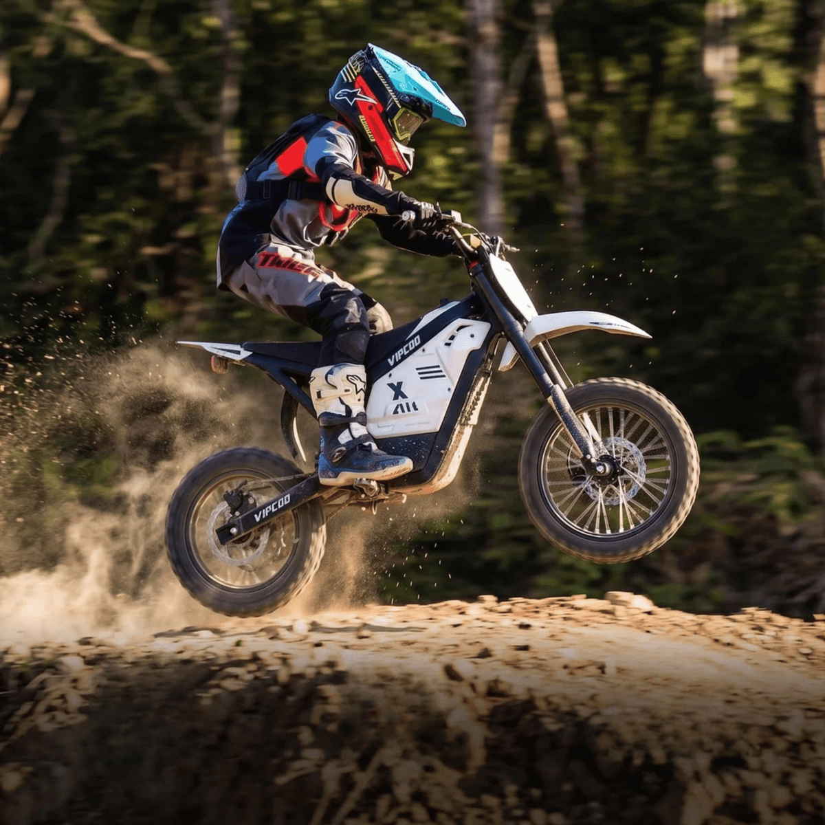 Förare gör ett hopp med Vipcoo H2 el-cross