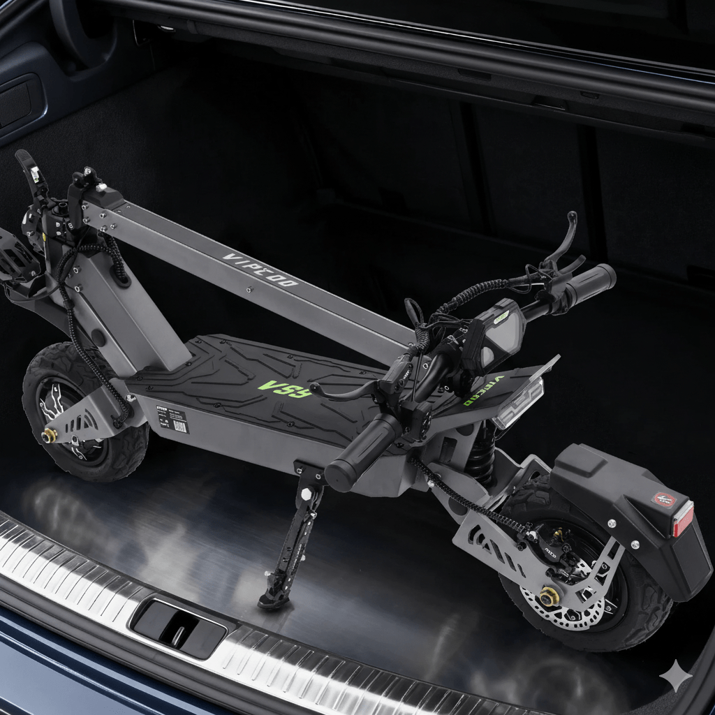 Hopfälld VIPCOO VS9 elsparkcykel i bilens bagageutrymme