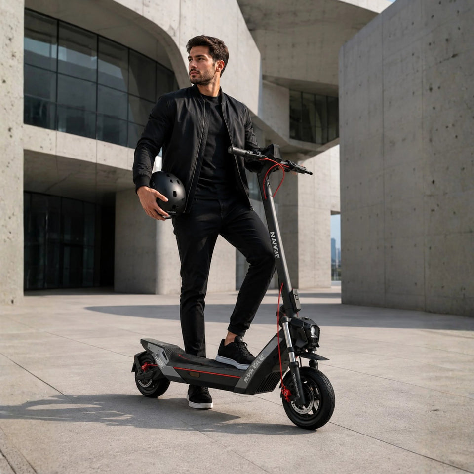 Elsparkcykel från Wheelyshop – NAVEE-elsparkcykel framför modern arkitektur