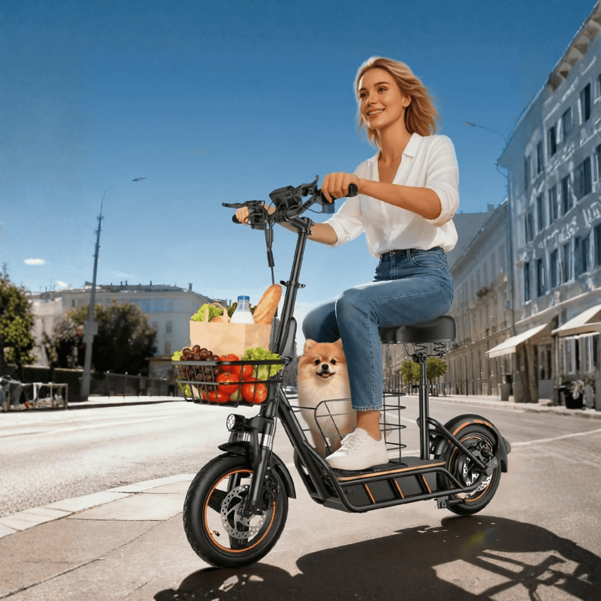 Kvinna som kör Wheely H14 elsparkcykel i stadsmiljö