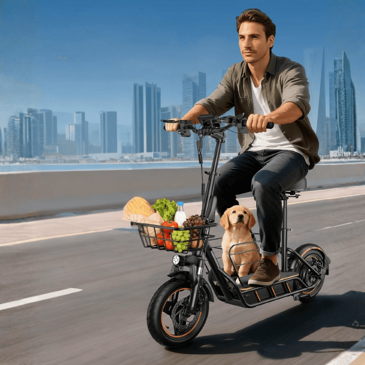 Man som kör Wheely H14 elsparkcykel med en hund