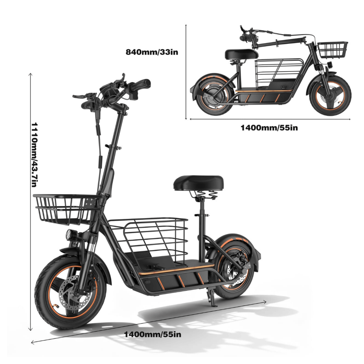 Måttskiss över Wheely H14 elsparkcykel