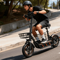 Man som kör Wheely H14 elsparkcykel på en väg