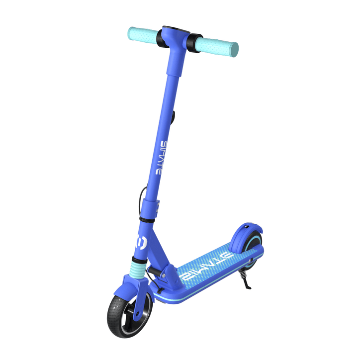 Wheely Junior S3 elsparkcykel för barn snett framifrån i färgen blå