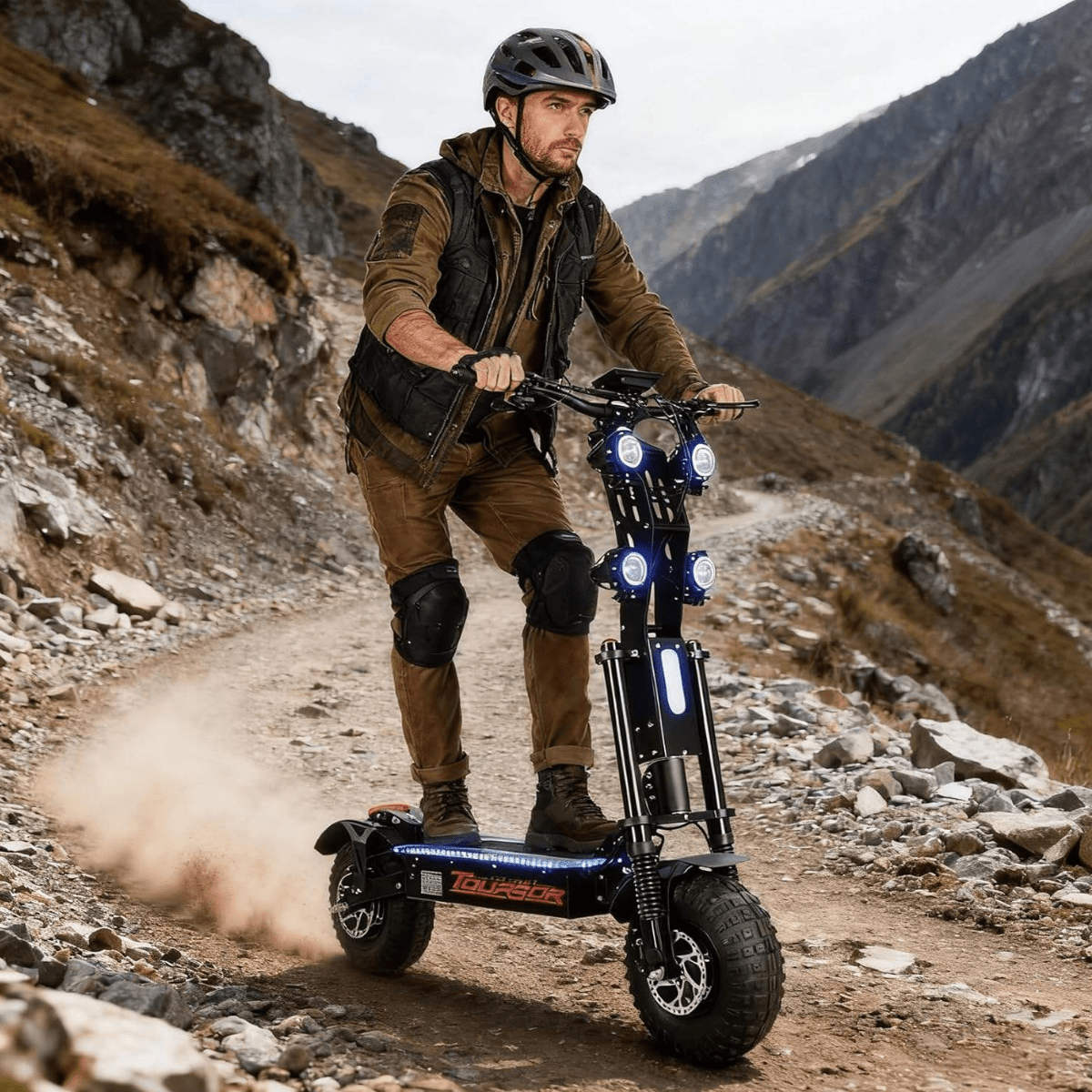 Man som kör Wheely X13 elsparkcykel i bergsmiljö