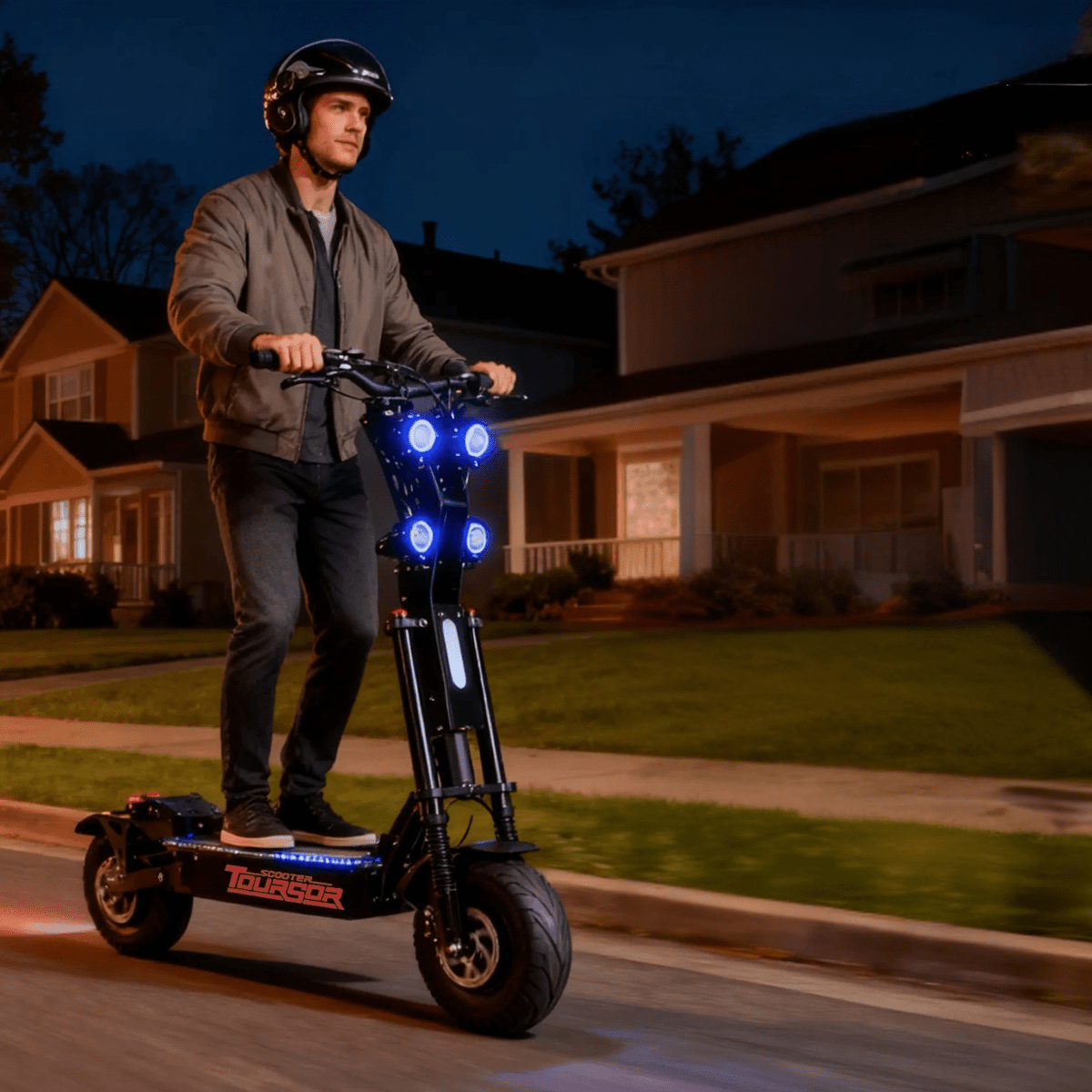 Man som kör Wheely X13 elsparkcykel i kvällsmiljö