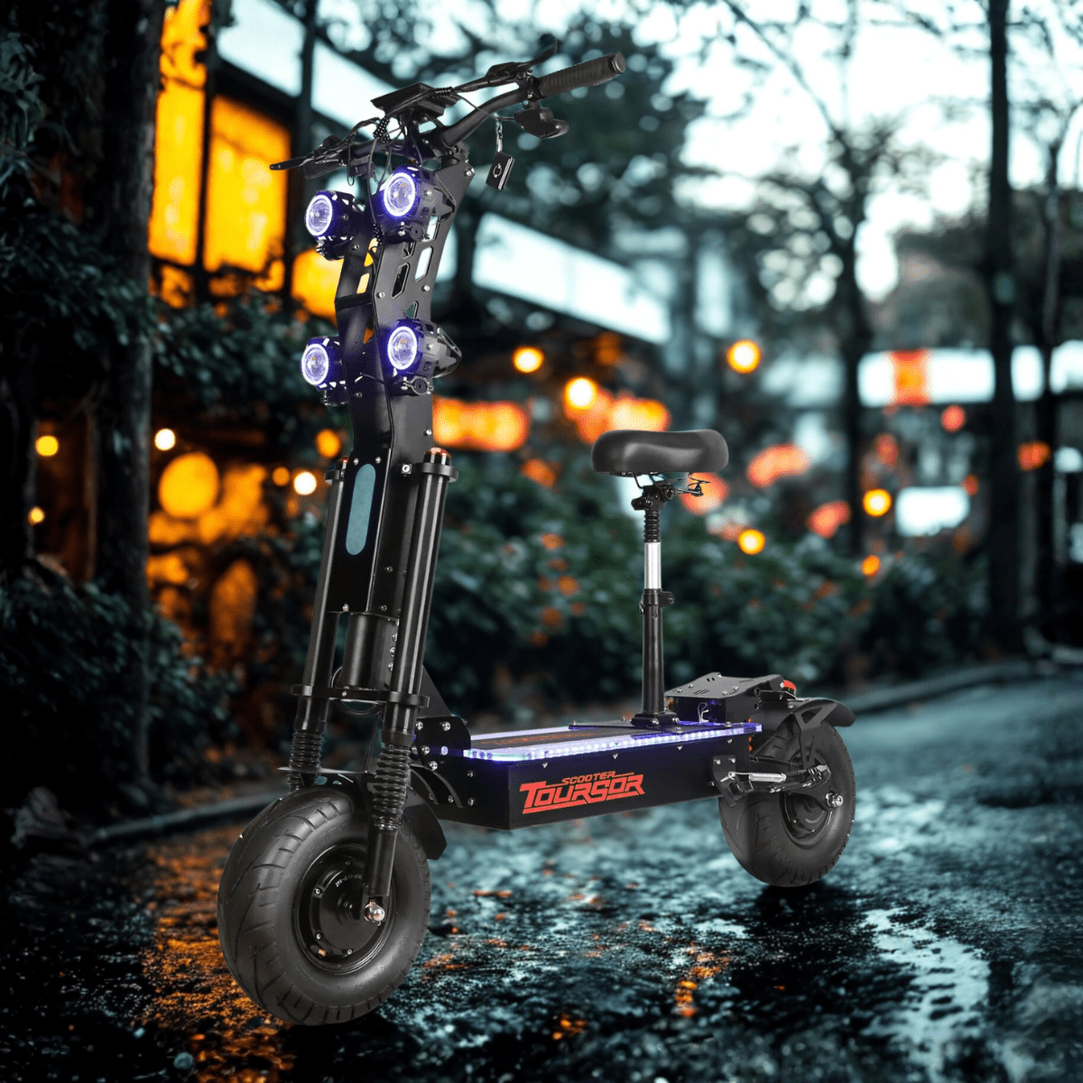 Wheely X13 elsparkcykel snett framifrån i kvällsmiljö