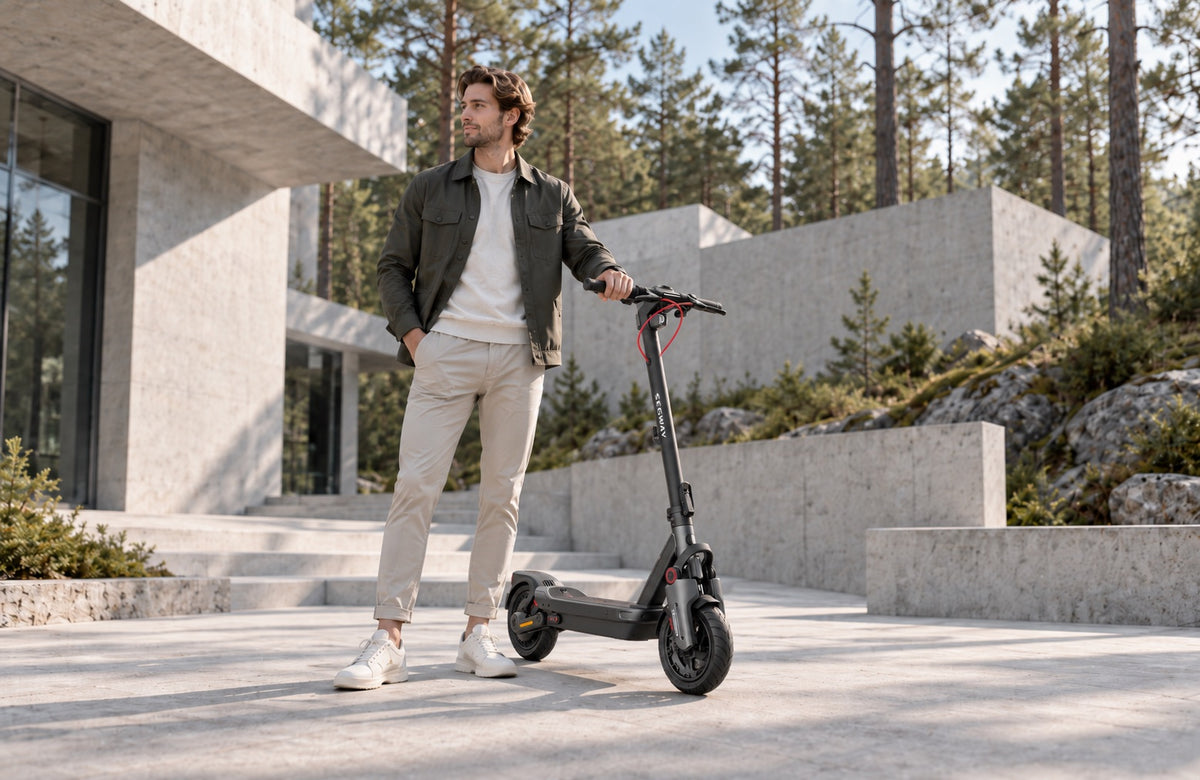 Wheelyshop – klimatsmart mobilitet: en man med elsparkcykel bland tallar utanför ett modernt betonghus