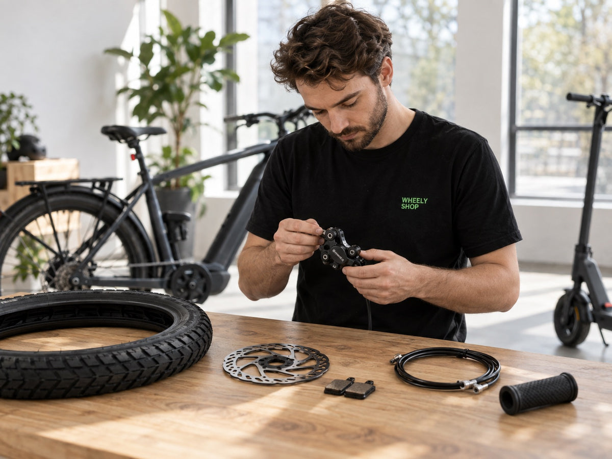 Wheelyshop-tekniker monterar ett bromsok vid arbetsbänken med däck, bromsskiva, bromsbelägg och kablar – reservdelar till elcyklar och elsparkcyklar