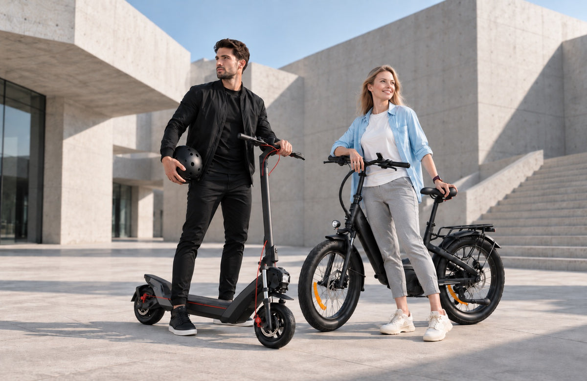 Wheelyshops vision – elektriskt är framtiden: en man med elsparkcykel och en kvinna med elcykel framför en modern byggnad
