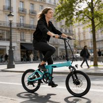 Kvinna som kör YANGOR H19 hopfällbar elcykel på en gata i färgen ljusblå