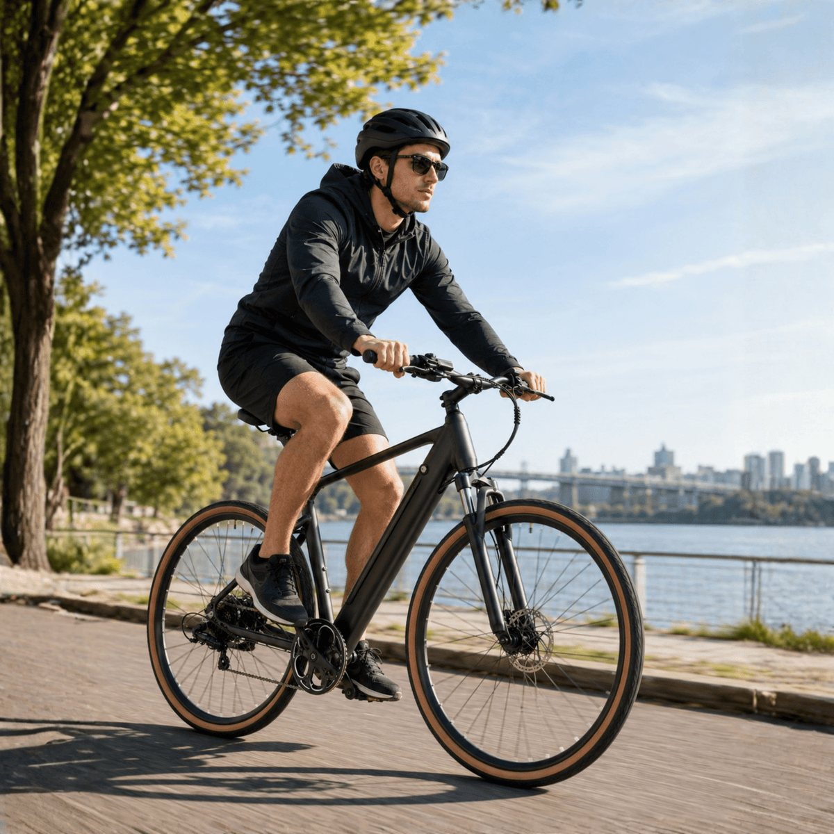 Man som kör YANGOR H700 elcykel i färgen svart vid en sjö