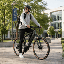 Man som kör YANGOR H700 elcykel i färgen svart på en gata