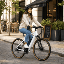 Kvinna som kör YANGOR H700 elcykel i färgen vit i stadsmiljö