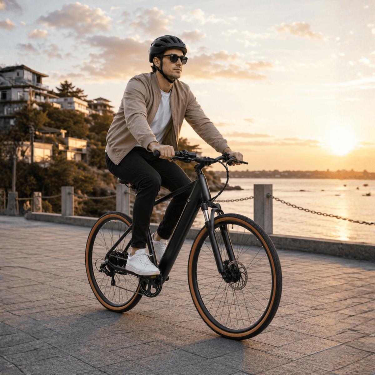 Man som kör YANGOR H700 elcykel i färgen svart i solnedgång
