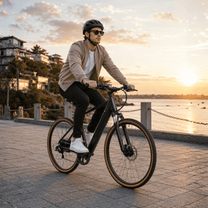 Man som kör YANGOR H700 elcykel i färgen svart i solnedgång