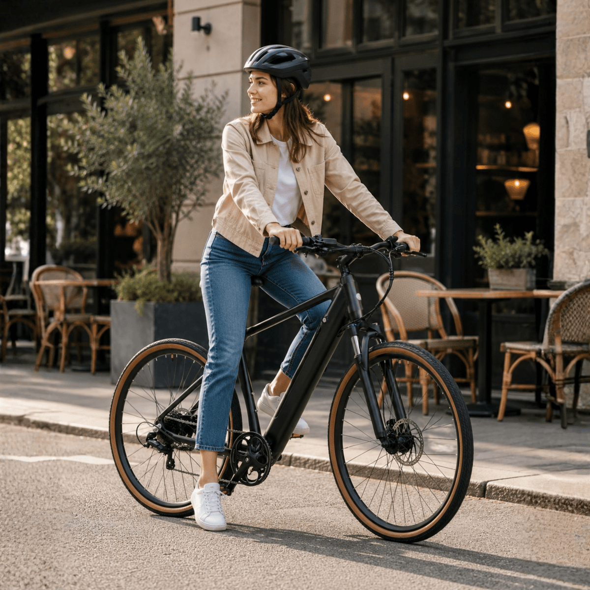 Kvinna som kör YANGOR H700 elcykel i färgen svart i stadsmiljö