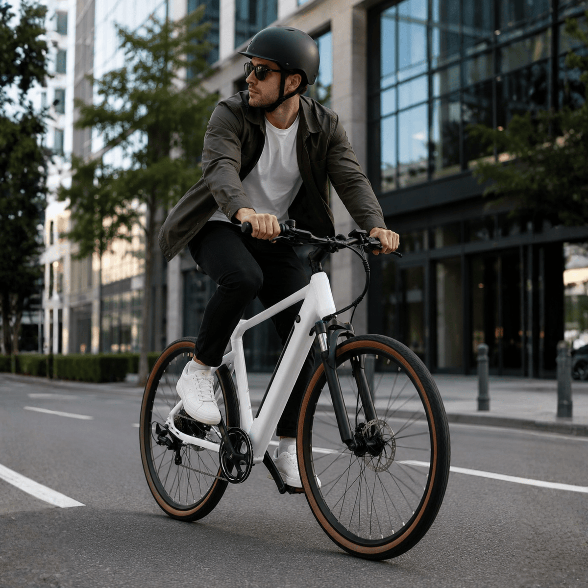 Man som kör YANGOR H700 elcykel i färgen vit i stadsmiljö