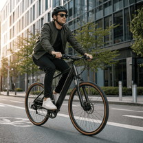 Man som kör YANGOR H700 elcykel i färgen svart i stadsmiljö