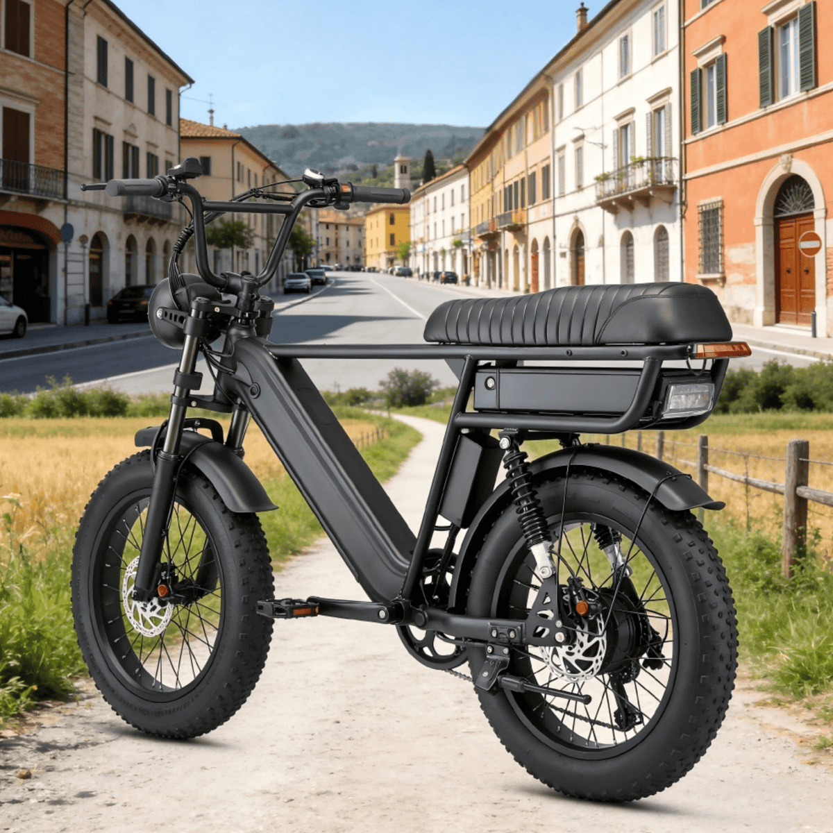YANGOR Y20 Pro Max fatbike-elcykel snett framifrån i färgen svart i stadsmiljö