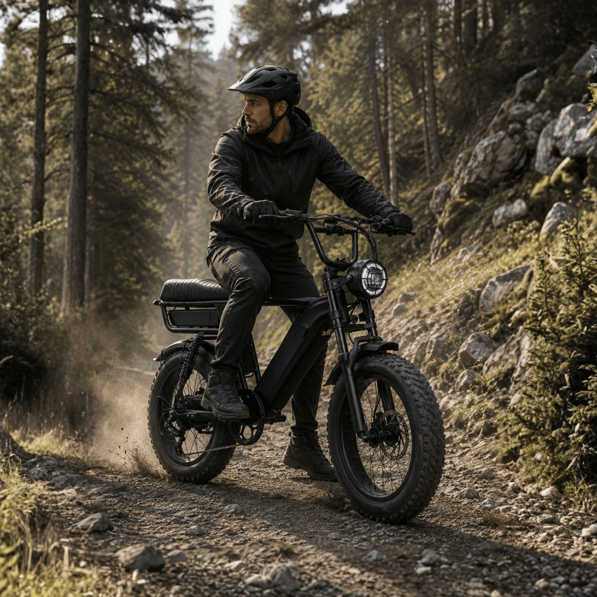 Man som kör YANGOR Y20 Pro Max fatbike-elcykel i färgen svart på en stig