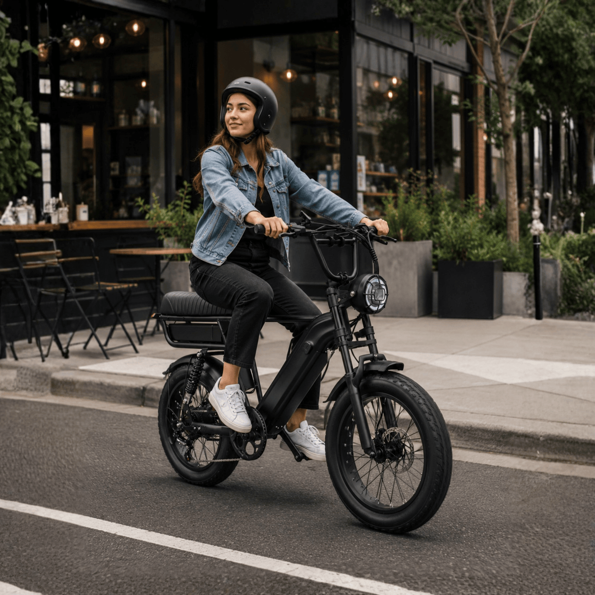 Kvinna som kör YANGOR Y20 Pro Max fatbike-elcykel i färgen svart i stadsmiljö