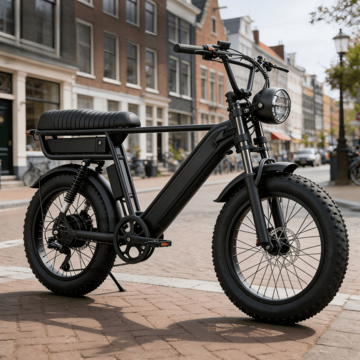 YANGOR Y20 Pro Max fatbike-elcykel snett bakifrån i färgen svart i stadsmiljö